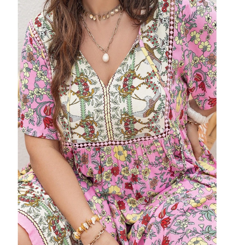 Plus Colorful Floral Print Neck Tie Short Sleeve Maxi Dress - Picture 4 of 4